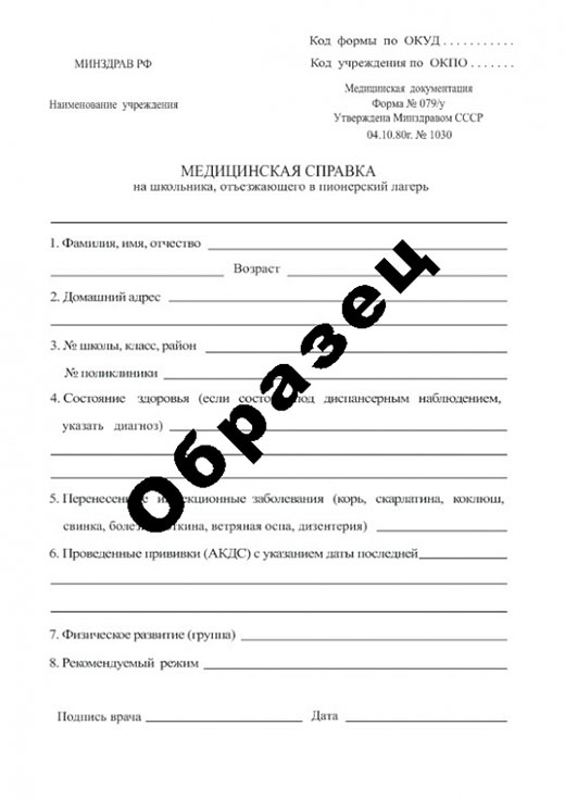 Купить медицинскую справку в лагерь (форма 079/у) Медицинская справку в лагерь (форма 079/у)